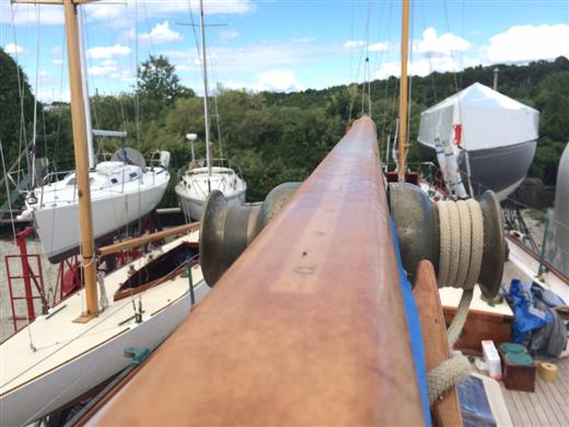 Work continues on the booms,  the tracks are off,  the screw holes dowled and bunged and varnish is going on
