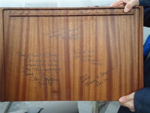 Wood interior plank of Dorade signed by Stephens Family.