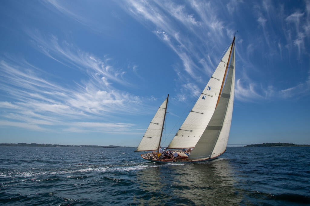 Dorade 1929 Sparkman & Stephens design sails upwind on Narragansett Bay in 2021 New York Yacht Club Annual Regatta